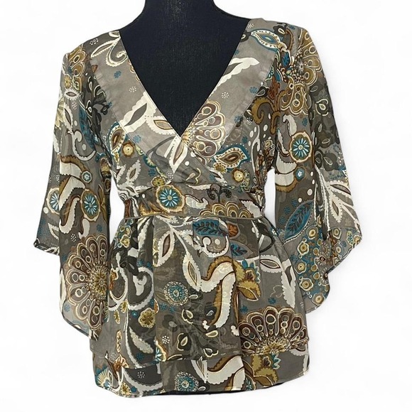 Tops - multicoloured paisley babydoll style  blouse with waist tie detail